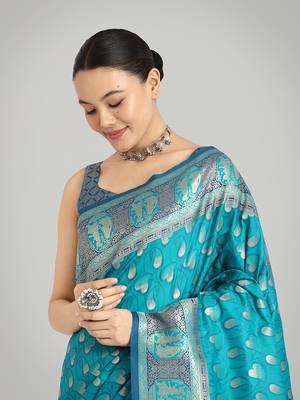 Turquoise blue color weaving banarasi silk blend saree 5