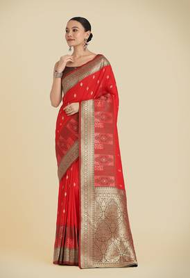 Red banarasi silk blend zari woven saree 1