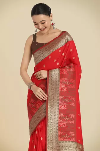 Red banarasi silk blend zari woven saree
