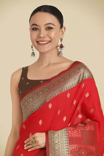 Red banarasi silk blend zari woven saree