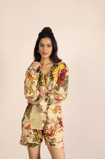 Beige and multi floral kurta style co-ord set