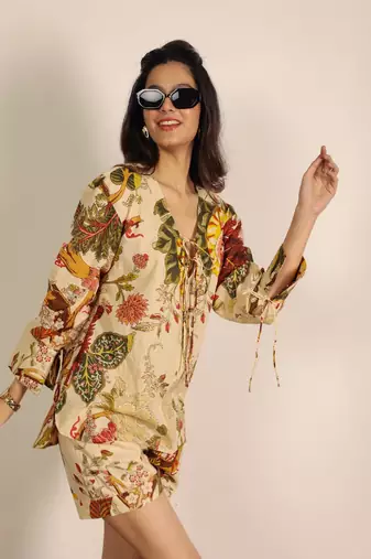 Beige and multi floral kurta style co-ord set