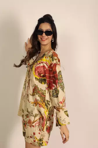 Beige and multi floral kurta style co-ord set