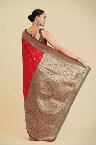Red banarasi silk blend zari woven saree