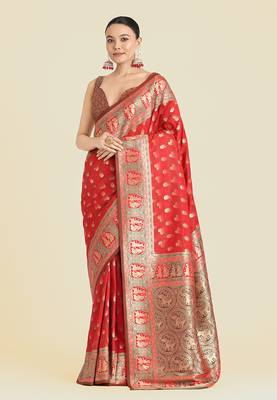 Red weaving banarasi silk blend saree 1