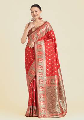 Red weaving banarasi silk blend saree 2