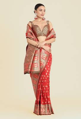 Red weaving banarasi silk blend saree 3