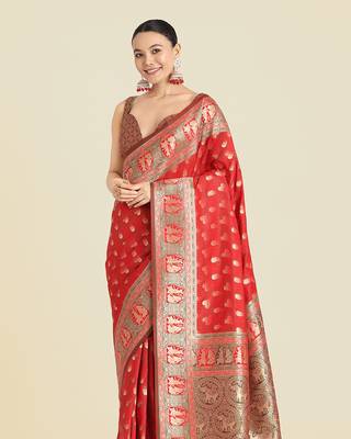 Red weaving banarasi silk blend saree 4