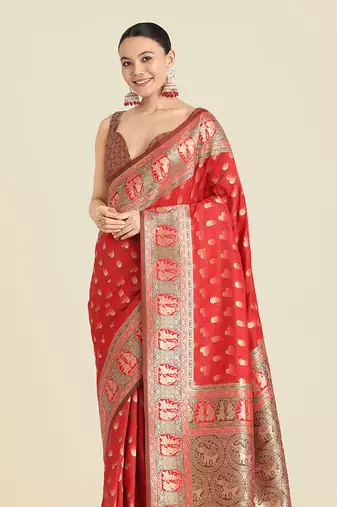 Red weaving banarasi silk blend saree