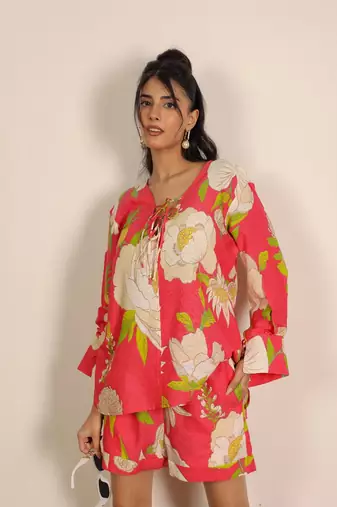 Pink and multi floral kurta style co-ord set