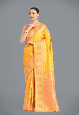 Yellow weaving banarasi silk blend saree 1