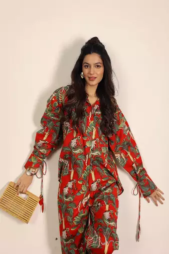 Red and multi jungle theme print co-ord set