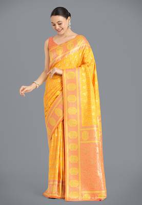Yellow weaving banarasi silk blend saree 2