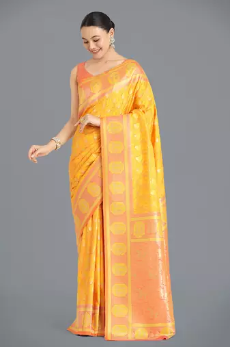 Yellow weaving banarasi silk blend saree