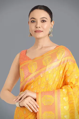 Yellow weaving banarasi silk blend saree