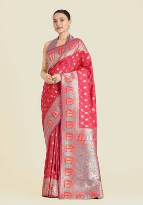 Pink color weaving banarasi silk blend saree 1