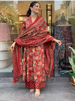 Red Beautiful Cotton Flower Printed Neckline Worked Kurta And Palazzo With Cotton Dupatta 1