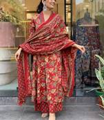 Red Beautiful Cotton Flower Printed Neckline Worked Kurta And Palazzo With Cotton Dupatta