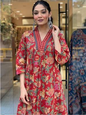 Red Beautiful Cotton Flower Printed Neckline Worked Kurta And Palazzo With Cotton Dupatta 4