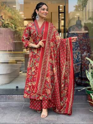 Red Beautiful Cotton Flower Printed Neckline Worked Kurta And Palazzo With Cotton Dupatta 5