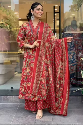 Red Beautiful Cotton Flower Printed Neckline Worked Kurta And Palazzo With Cotton Dupatta