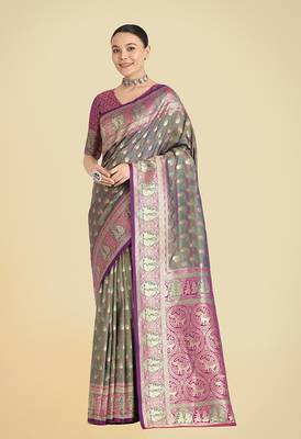Olive green weaving banarasi silk blend saree 1