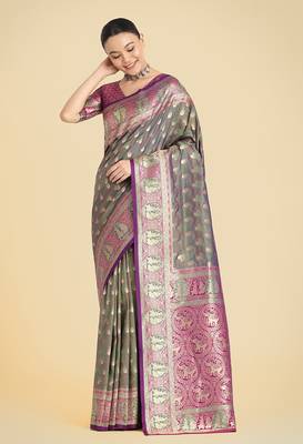 Olive green weaving banarasi silk blend saree 2