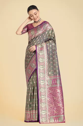 Olive green weaving banarasi silk blend saree