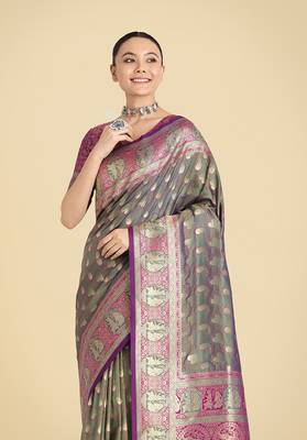 Olive green weaving banarasi silk blend saree 3