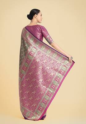 Olive green weaving banarasi silk blend saree 4