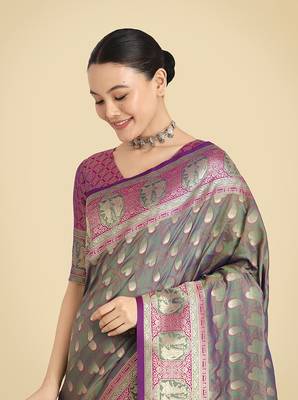 Olive green weaving banarasi silk blend saree 5