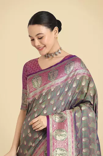 Olive green weaving banarasi silk blend saree