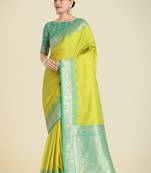  parrot green Banarasi silk blend weaving designer saree