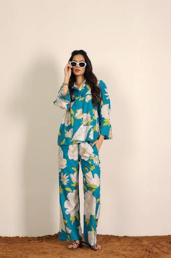 Sky blue and multicolor floral print cotton linen blend co-ord set