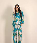 Sky blue and multicolor floral print cotton linen blend co-ord set