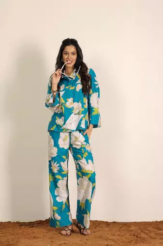 Sky blue and multicolor floral print cotton linen blend co-ord set