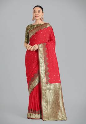 Red Banarasi silk blend weaving saree 1