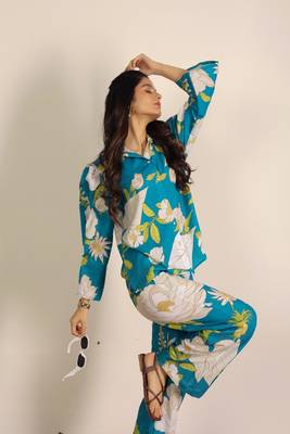 Sky blue and multicolor floral print cotton linen blend co-ord set 4