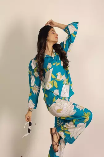Sky blue and multicolor floral print cotton linen blend co-ord set