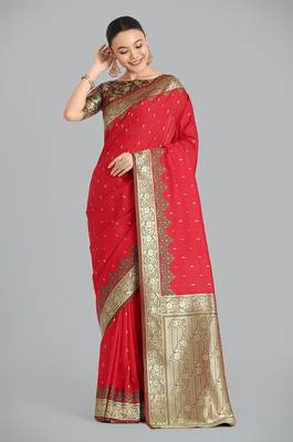 Red Banarasi silk blend weaving saree 2