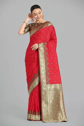 Red Banarasi silk blend weaving saree