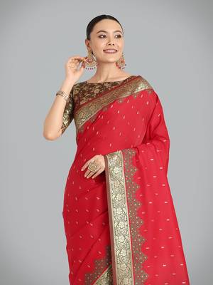 Red Banarasi silk blend weaving saree 3