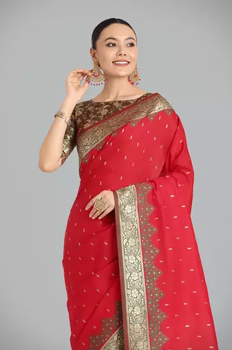 Red Banarasi silk blend weaving saree