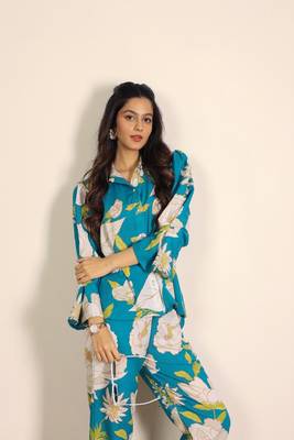 Sky blue and multicolor floral print cotton linen blend co-ord set 5