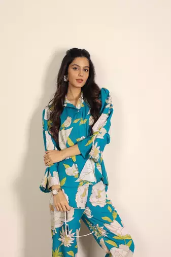 Sky blue and multicolor floral print cotton linen blend co-ord set