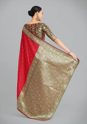 Red Banarasi silk blend weaving saree 4