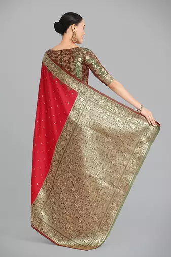 Red Banarasi silk blend weaving saree