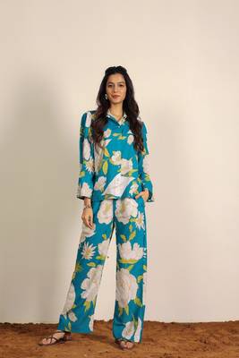 Sky blue and multicolor floral print cotton linen blend co-ord set 6