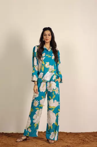 Sky blue and multicolor floral print cotton linen blend co-ord set