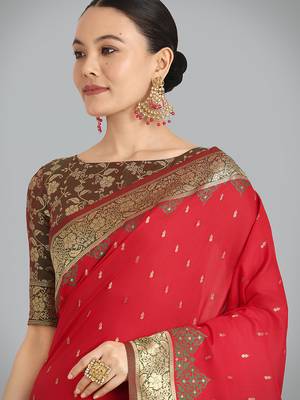 Red Banarasi silk blend weaving saree 5